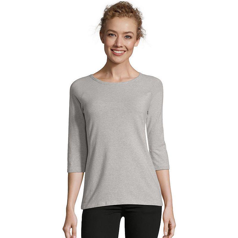 Womens Hanes Three-Quarter Sleeve Raglan Tee Gray Grey Product Image