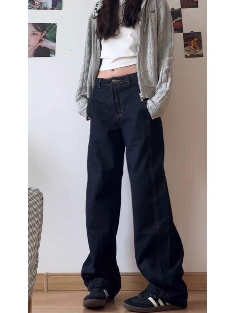 Low Rise Washed Straight-Fit Wide-Leg Jeans Product Image