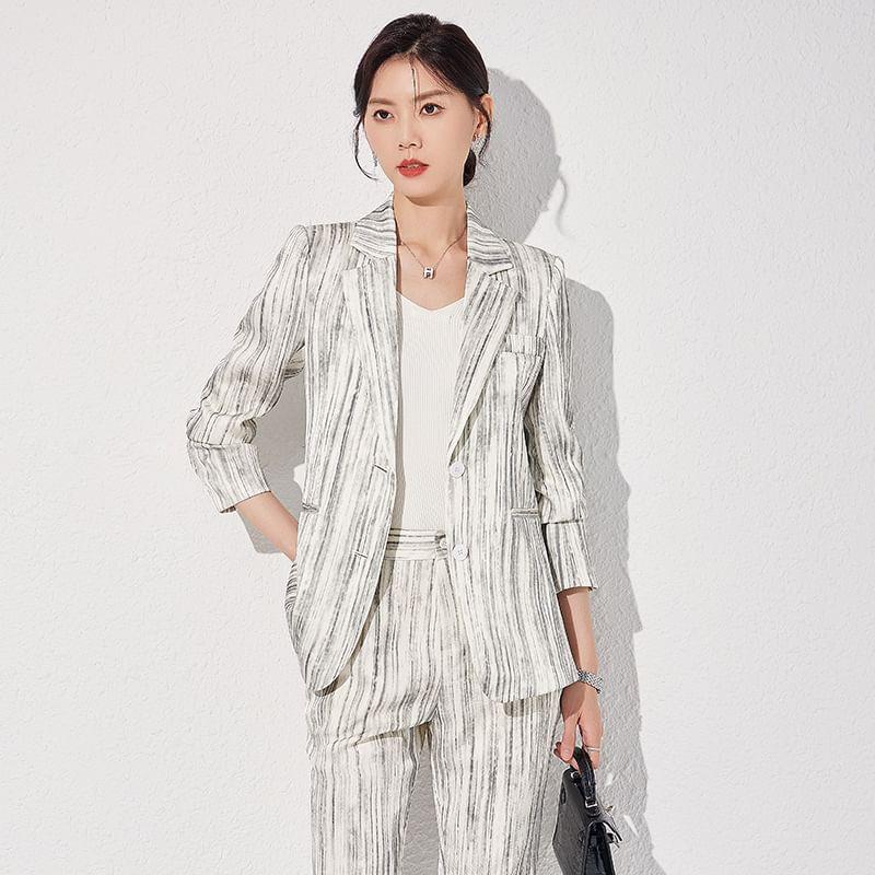 Notch Lapel Striped Single Breasted Blazer / High Waist Flared Slacks / Set Product Image