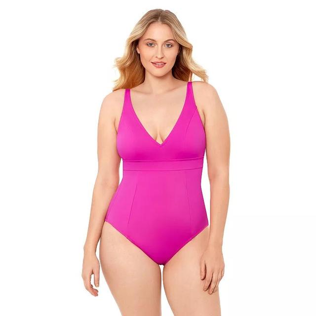 Womens S3 Swim Shaping Banded Plunge V-Neck One Piece Swimsuit, Womens Pink Product Image