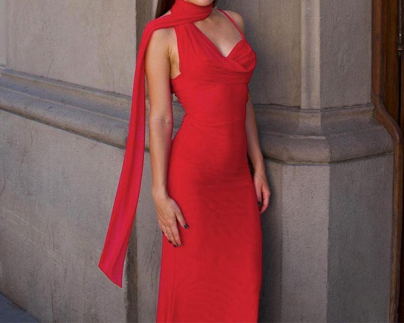 Spaghetti Strap V-Neck Plain Maxi Bodycon Dress Product Image