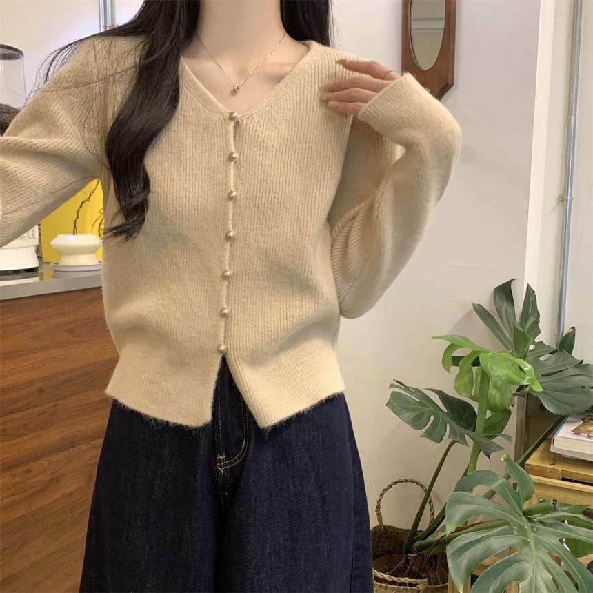 V-Neck Plain Button-Up Crop Cardigan Product Image