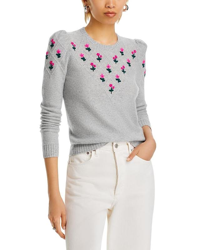 Aqua Cashmere Puff Sleeve Embroidered Floral Cashmere Sweater - 100% Exclusive - S - S - Female Product Image