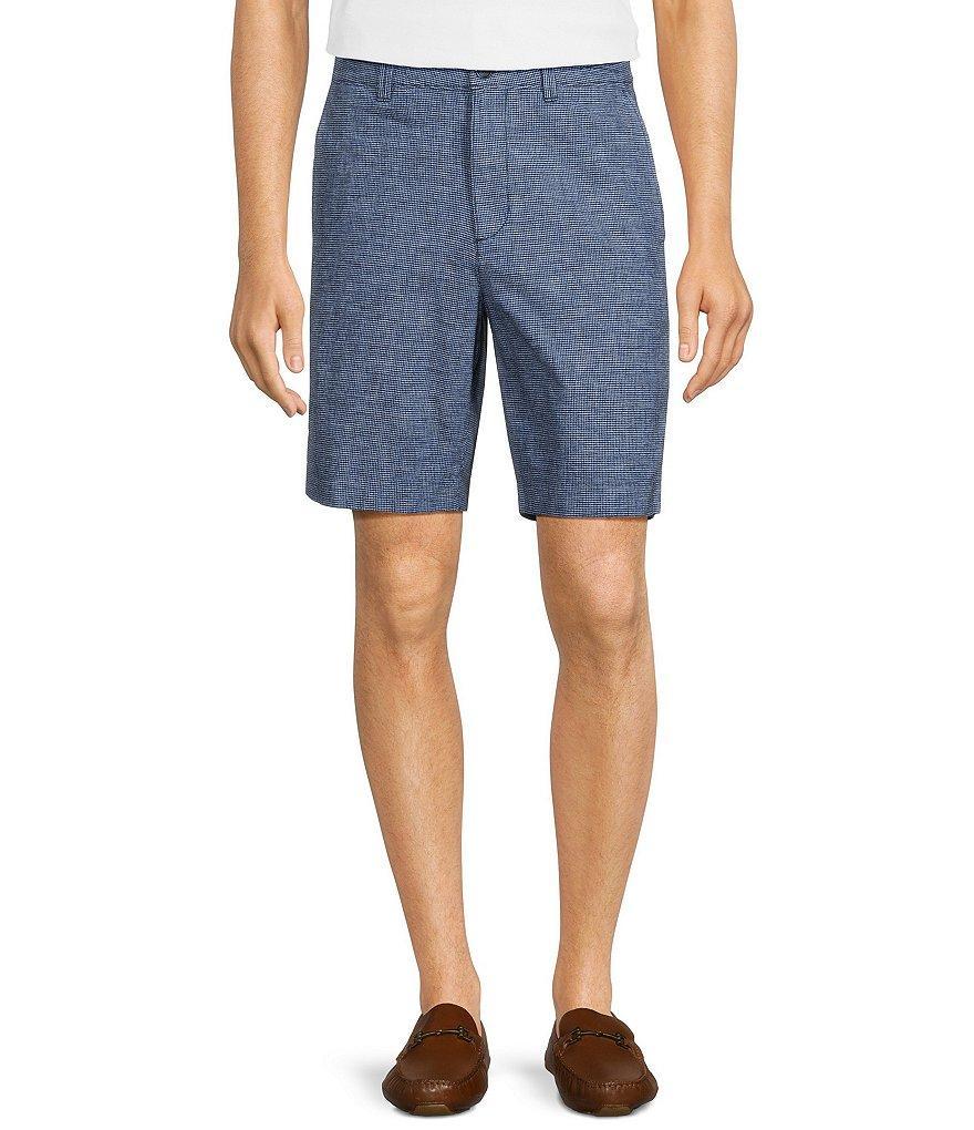 Roundtree & Yorke Casuals Flat Front Classic Fit Linen Houndstooth 9#double; Inseam Shorts Product Image