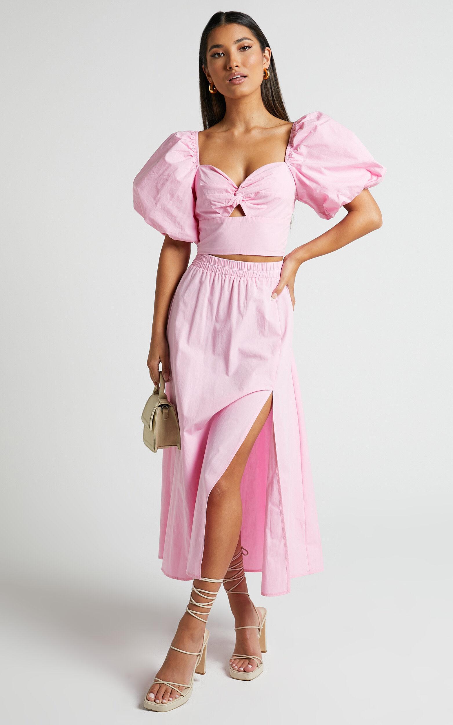 Alpha Two Piece Set - Linen Look Puff Sleeve Twist Bodice Top Midi Skirt in Light Pink Product Image