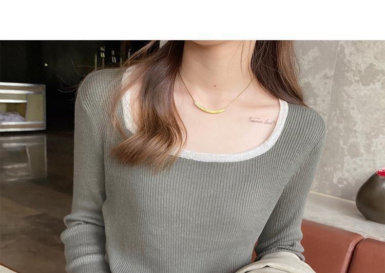 Long-Sleeve Square Neck Contrast Trim Ribbed Knit Top Product Image