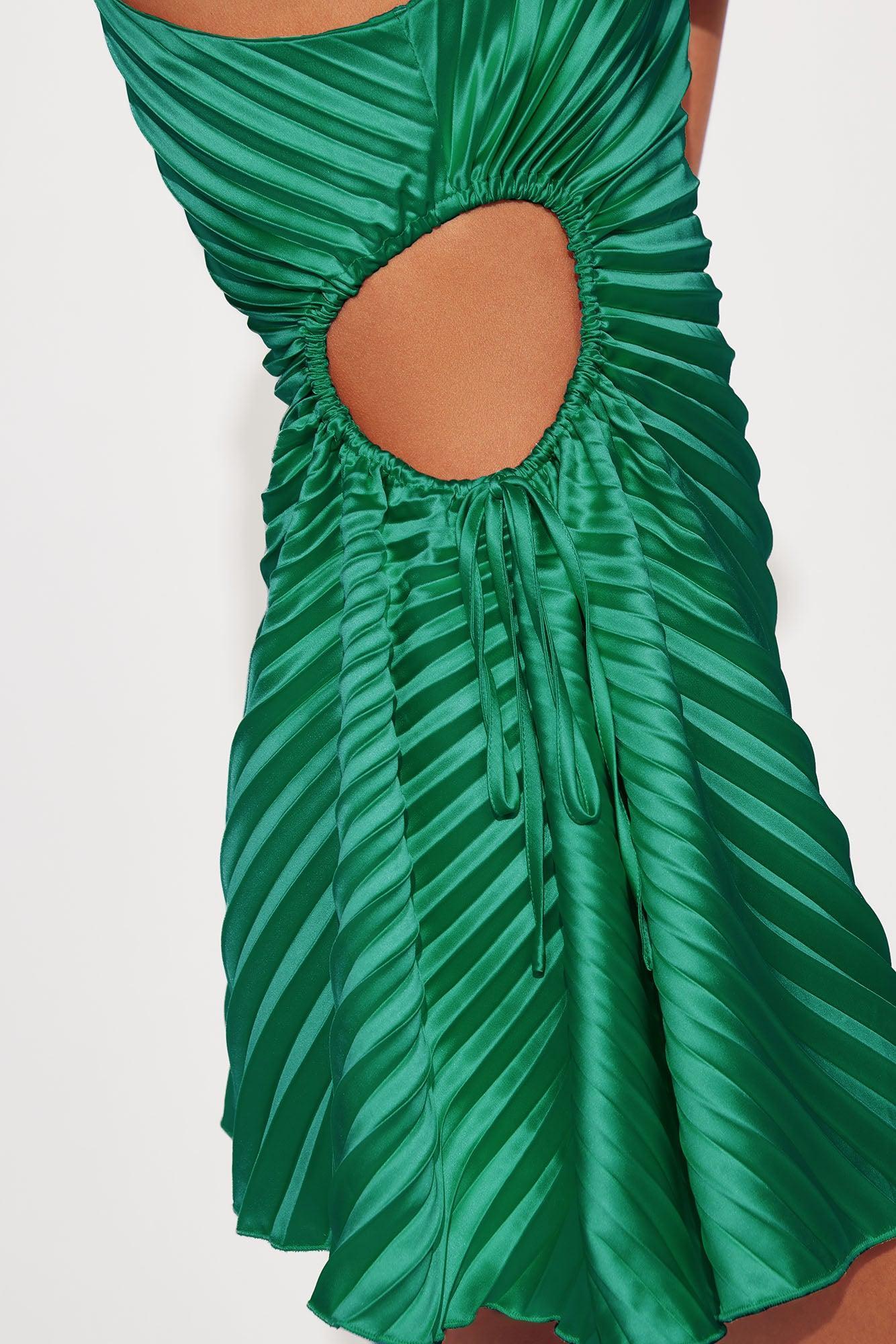 Elettra Pleated Satin Micro Mini Dress - Green Product Image