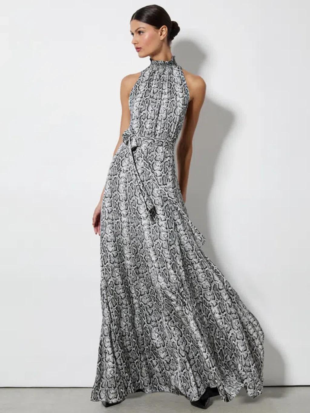 ALICE AND OLIVIA Dita Smocked Neck Godet Maxi Dress In Off White/black Python Product Image