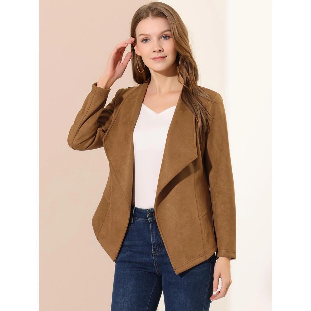 Allegra K Women's Faux Suede Lapel Draped Outwear Open Front Jacket Brown Large Product Image