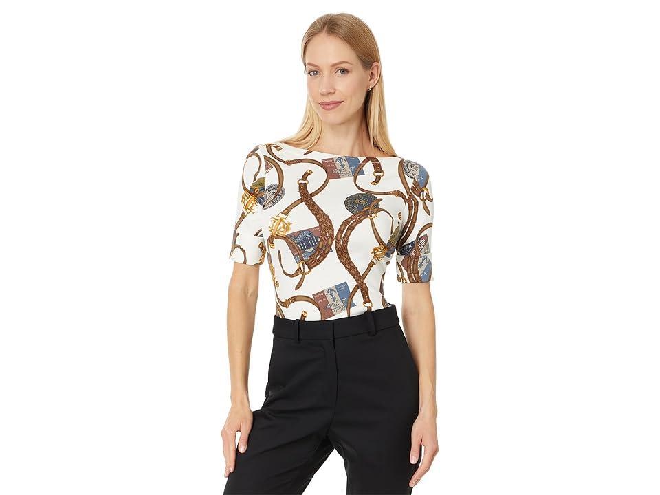 Lauren Ralph Lauren Print Stretch Cotton Boatneck Tee (Cream ) Women's Clothing Product Image