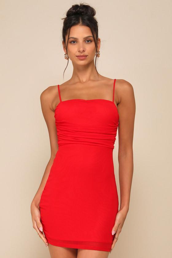 Completely Thriving Red Mesh Twist-Back Cutout Mini Dress Product Image