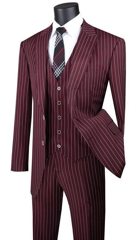 Odyssey Collection - Burgundy Regular Fit 3 Piece Suit 2 Button Gangster Stripe Product Image