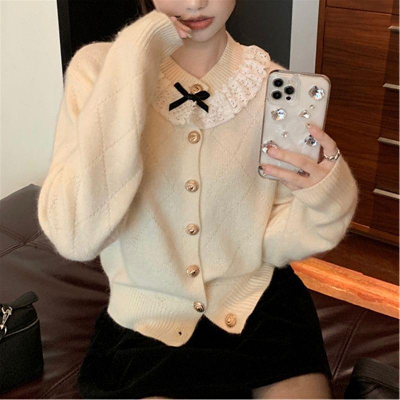 Round Neck Bow Lace Trim Cardigan Product Image