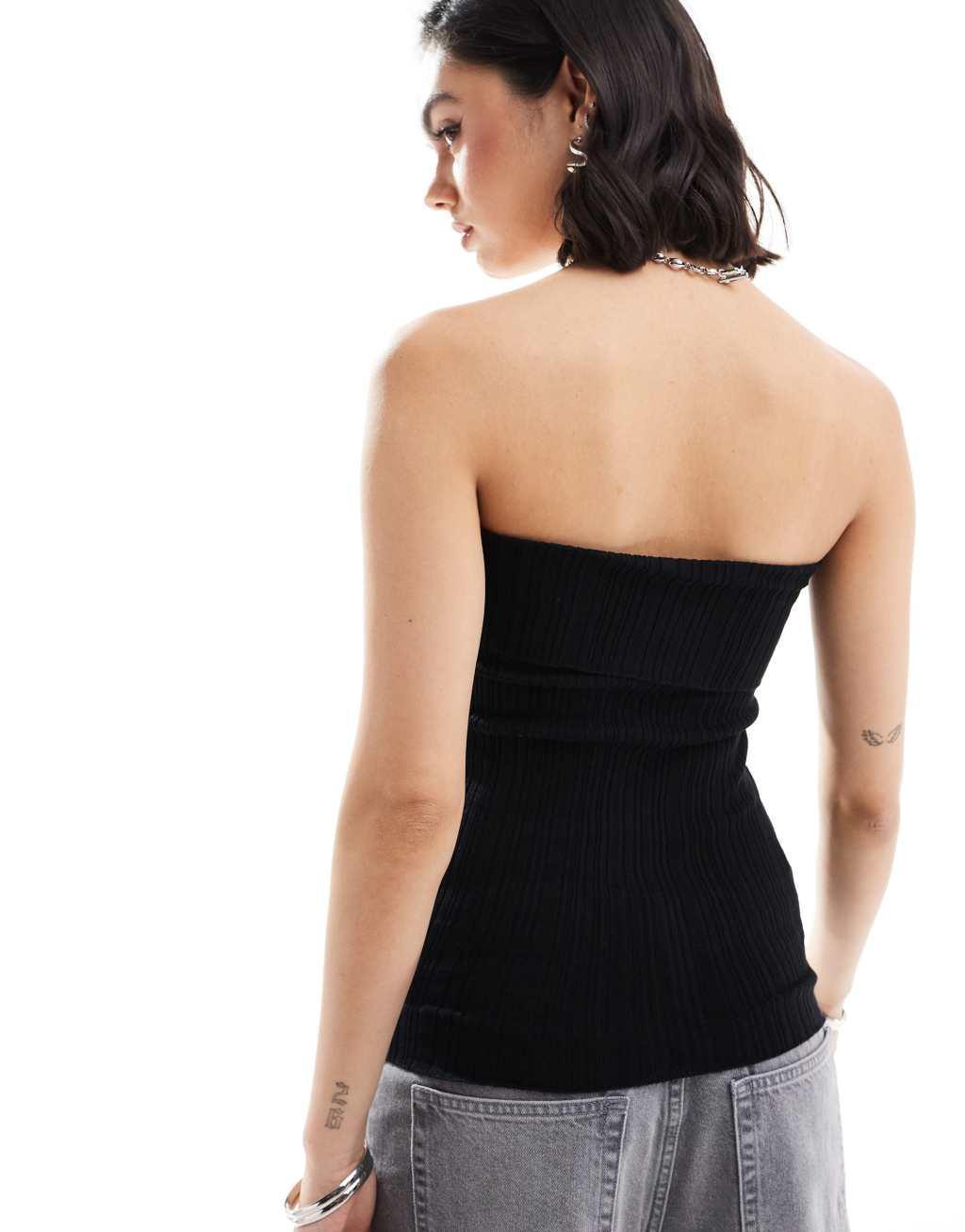 Mango ribbed fold over bandeau top in black Product Image