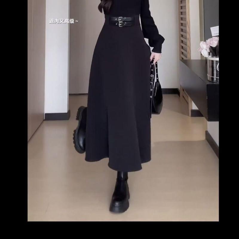 Long-Sleeve Mock Neck Plain Buckled Midi A-Line Dress Product Image