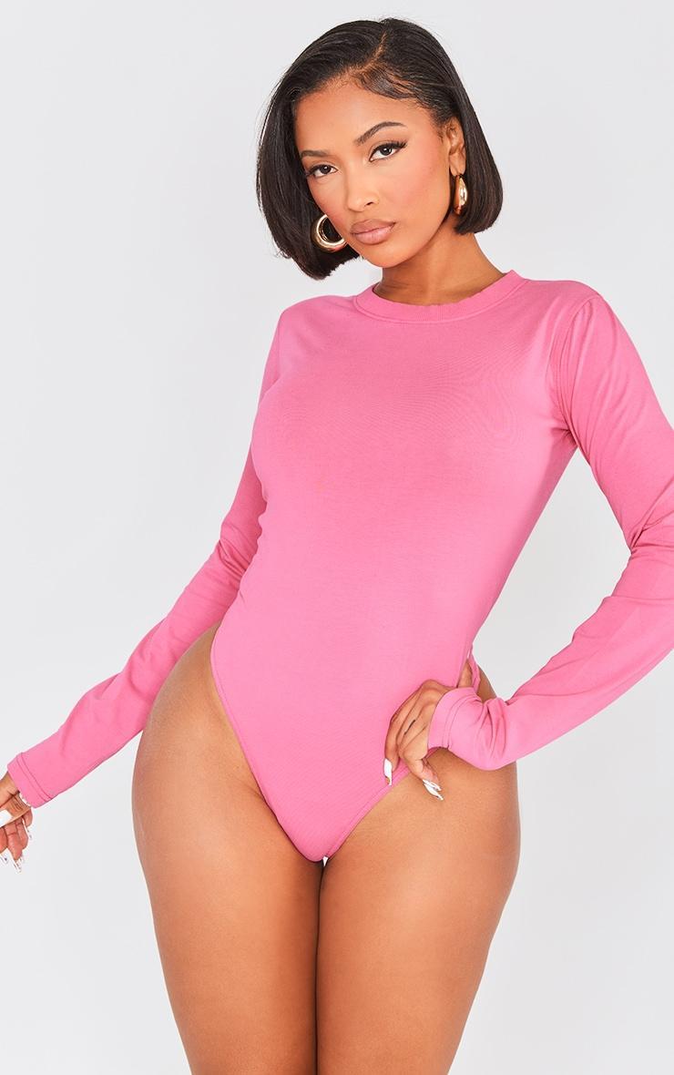 Shape Hot Pink Washed Cotton Long Sleeve Crew Neck Bodysuit Product Image