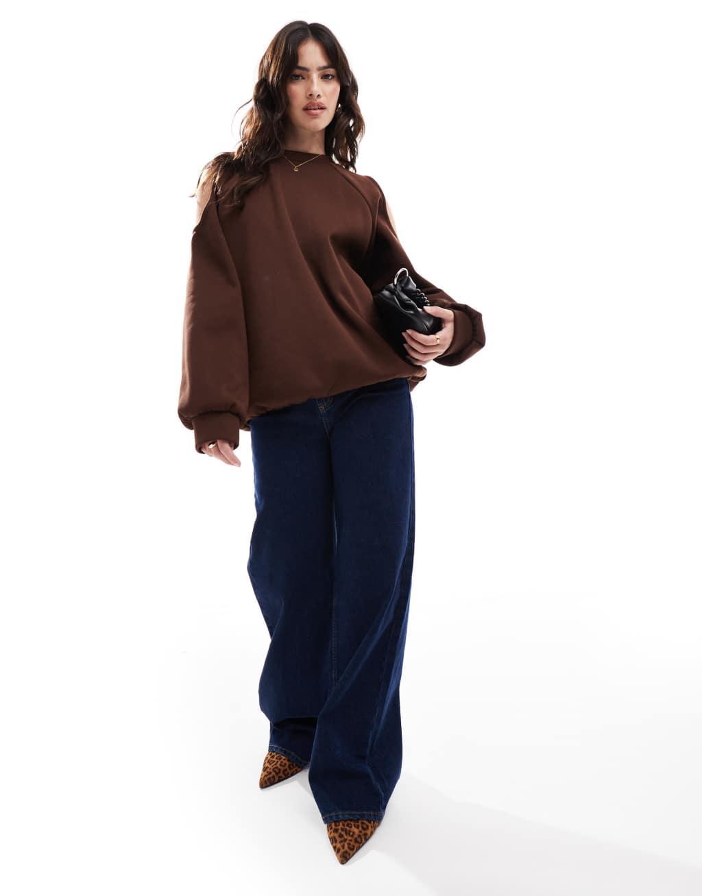 ASOS DESIGN cold shoulder oversized sweatshirt in brown Product Image