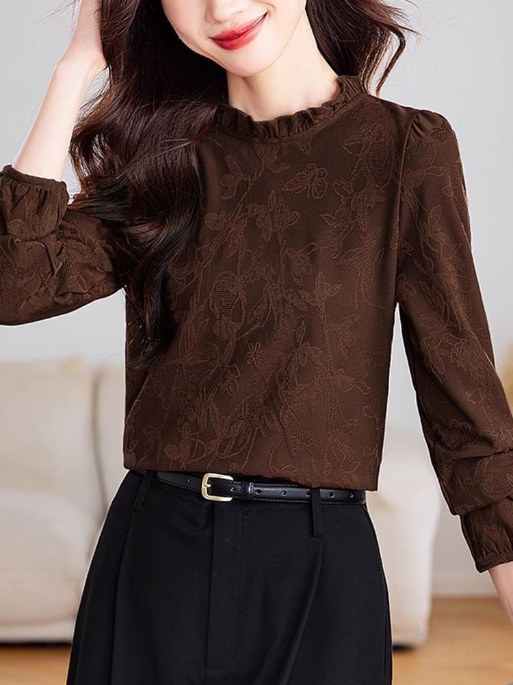 Long Sleeve Round Neck Ruffle Trim Floral Top Product Image