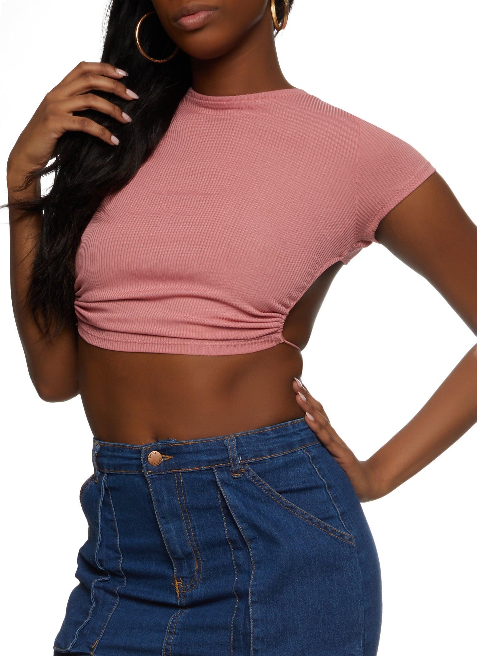 Womens Rib Knit Open Back Crop Top Product Image