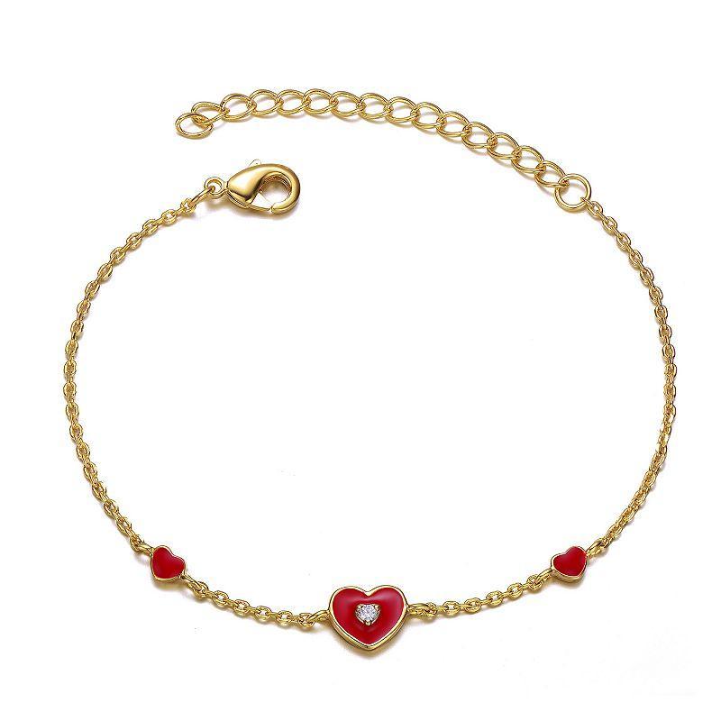 Kids 14k Gold Plated Bracelet Cubic Zirconia Enameled Heart Station Bracelet, Womens Gold Tone Product Image