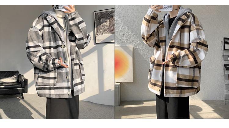 Plaid Hooded Mock Two-Piece Oversized Zip Jacket Product Image