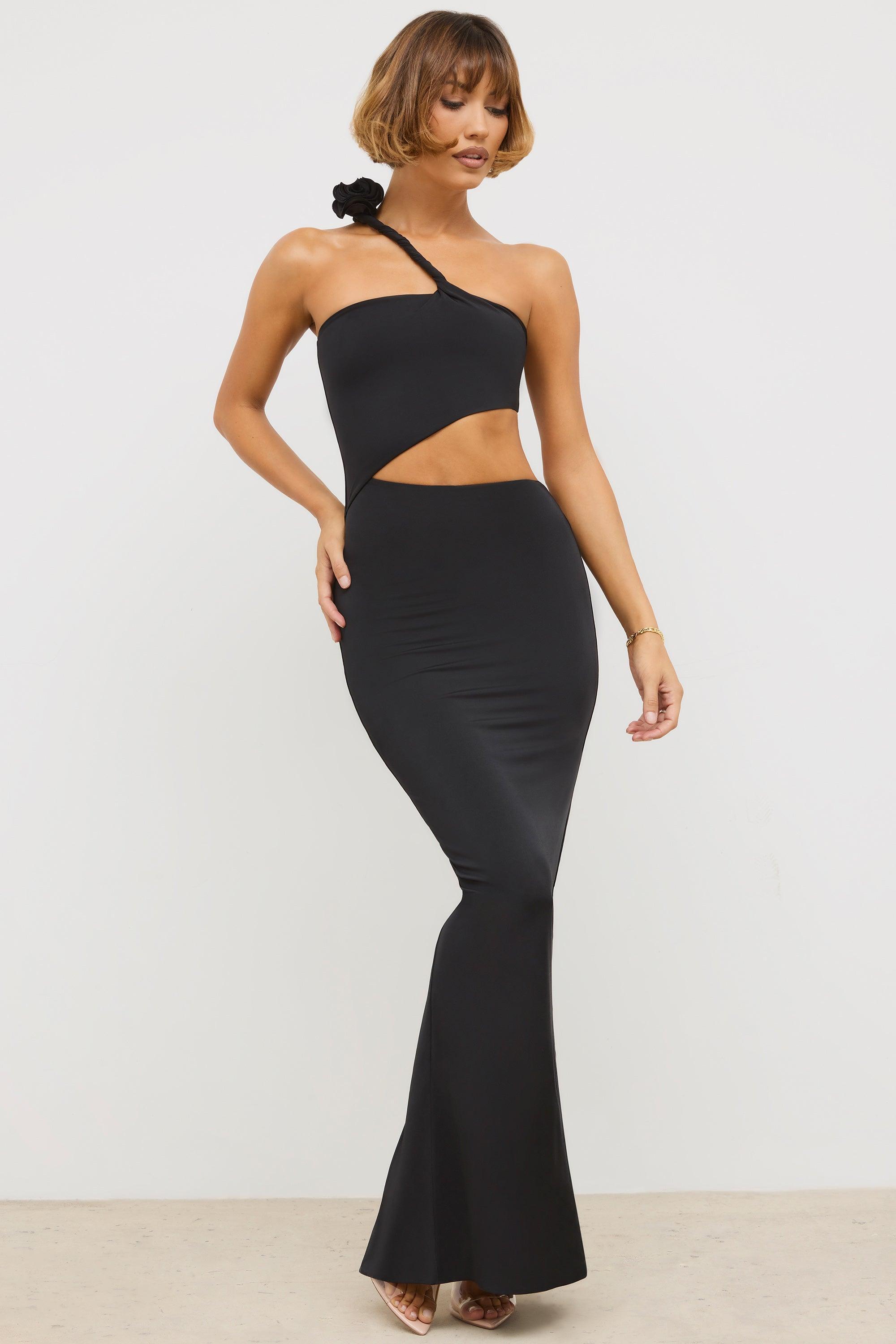 Premium Jersey Asymmetric Cut Out Maxi Dress in Black Product Image