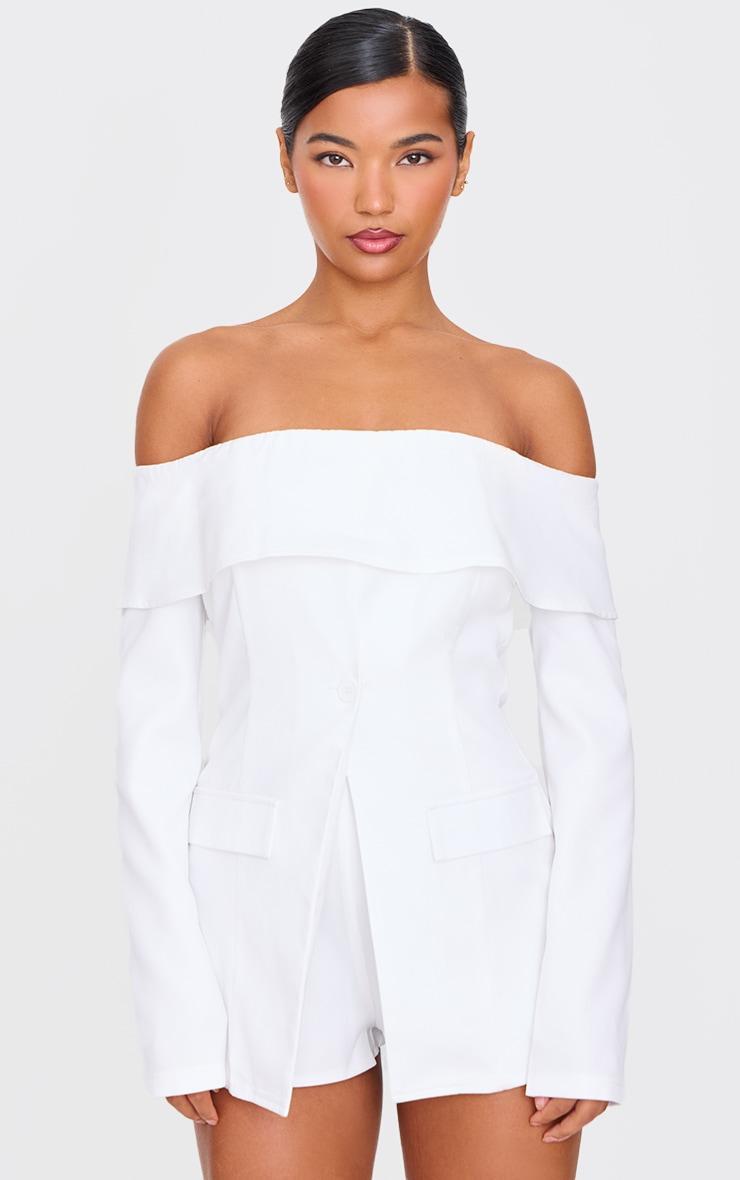 White Tailored Off The Shoulder Long Sleeve Romper Product Image