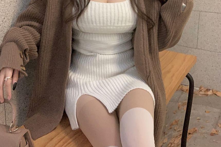 Plain Open Front Cardigan / Long Sleeve Square Neck Plain Slit Ribbed Knit Mini Sheath Dress Product Image