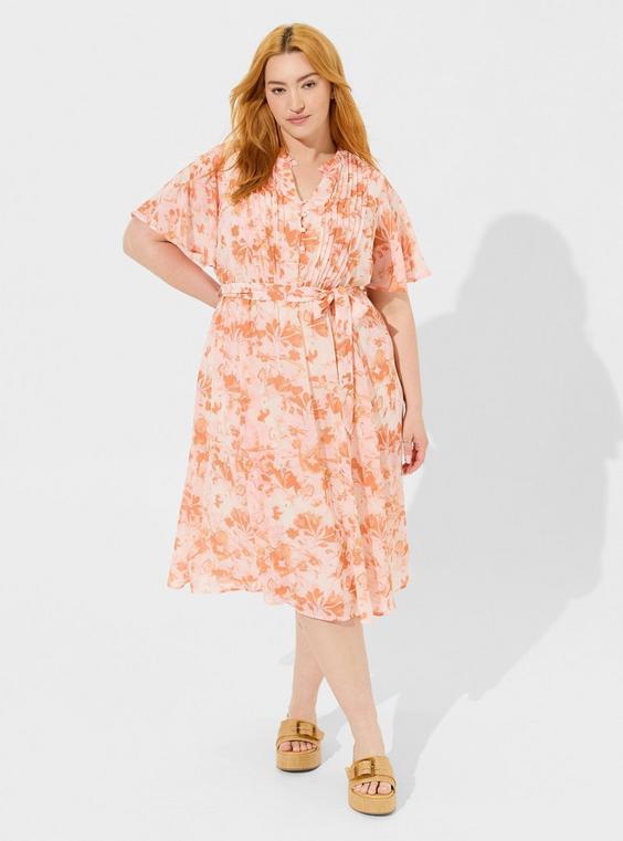 Midi Chiffon Ruffle Neck Pintuck Dress Product Image