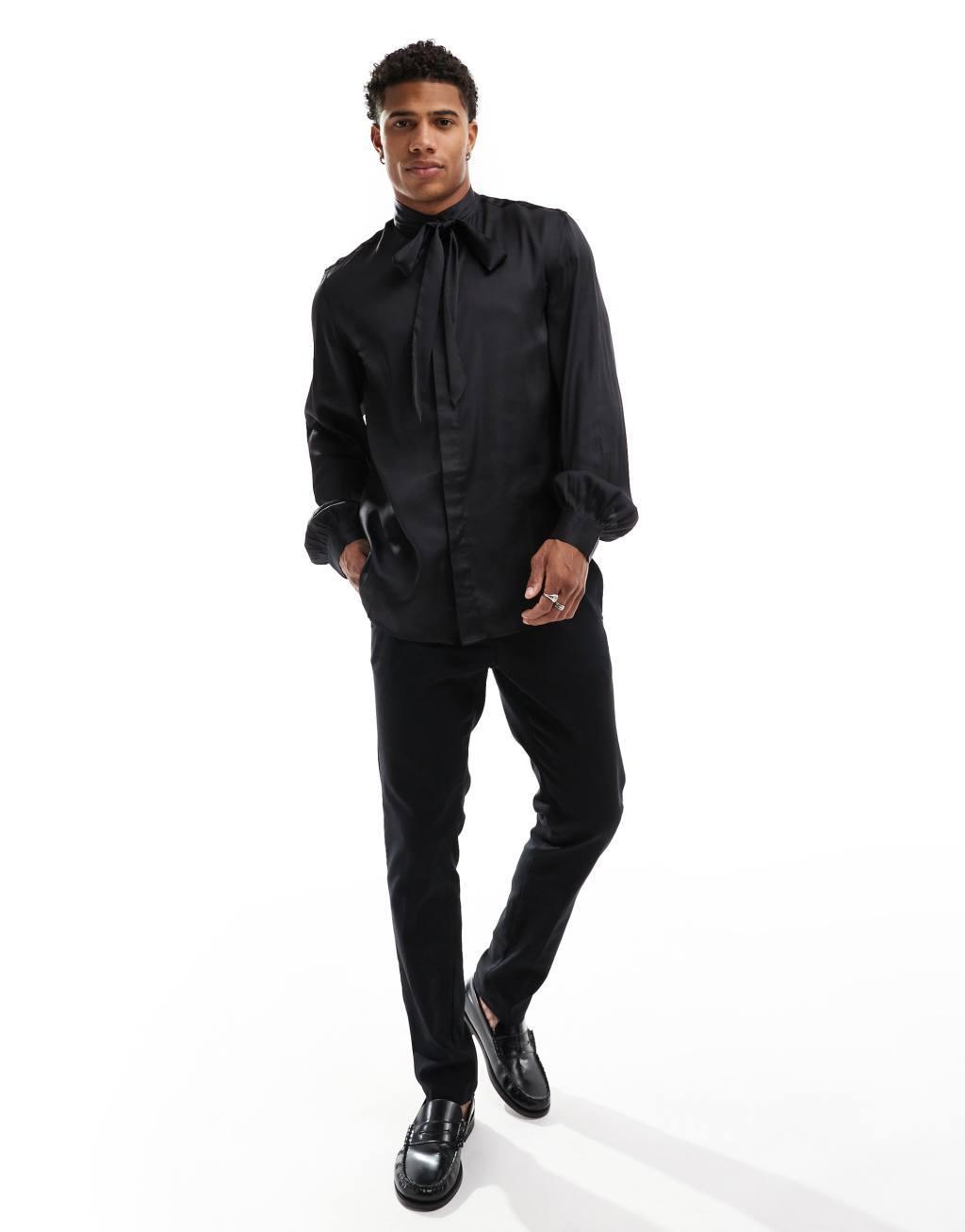 ASOS DESIGN satin shirt with tie neck and blouson volume sleeves  Product Image