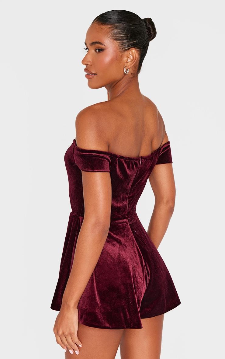 Burgundy Velvet Bardot Sweetheart Neckline Floaty Romper Product Image