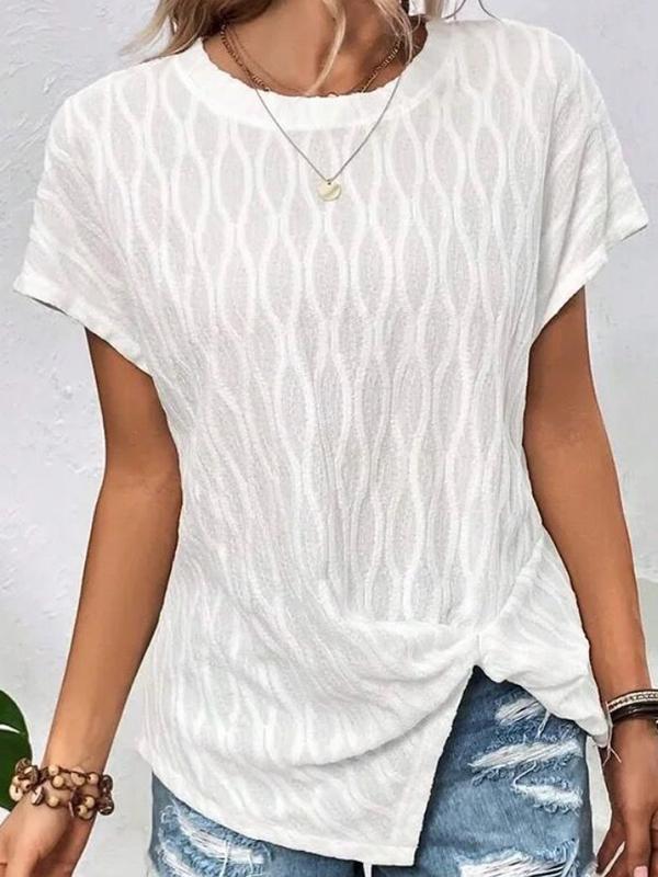 Batwing Sleeves Loose Jacquard Solid Color Split-Front Round-Neck T-Shirts Tops product image