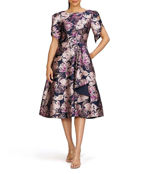 Kay Unger Natasha Floral Jacquard Boat Neck Short Tulip Sleeve Ruffle Midi Dress Product Image