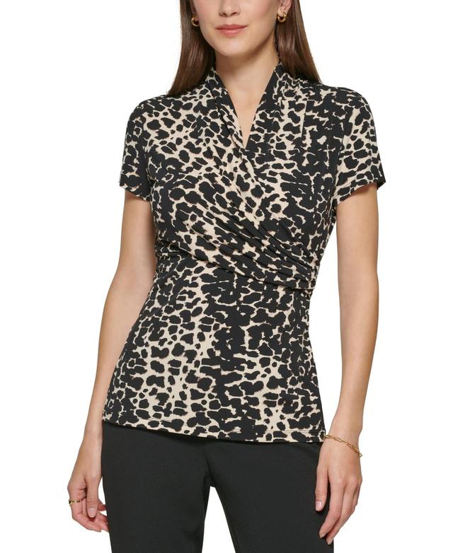 Dkny Petite Animal-Print Draped Surplice Blouse, Created for Macys - Black Product Image