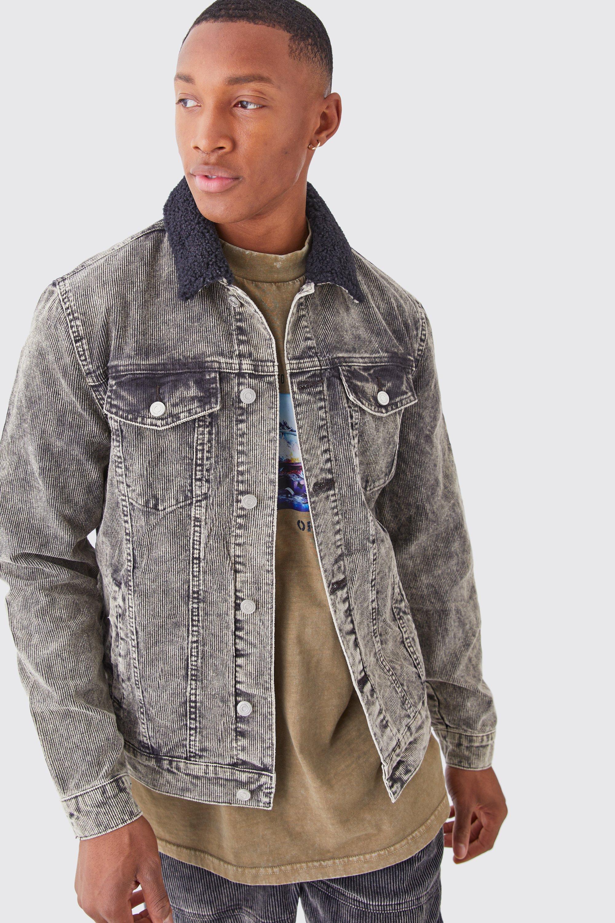 Mens Grey Acid Wash Cord Jacket With Borg Collar In Charcoal, Grey product image