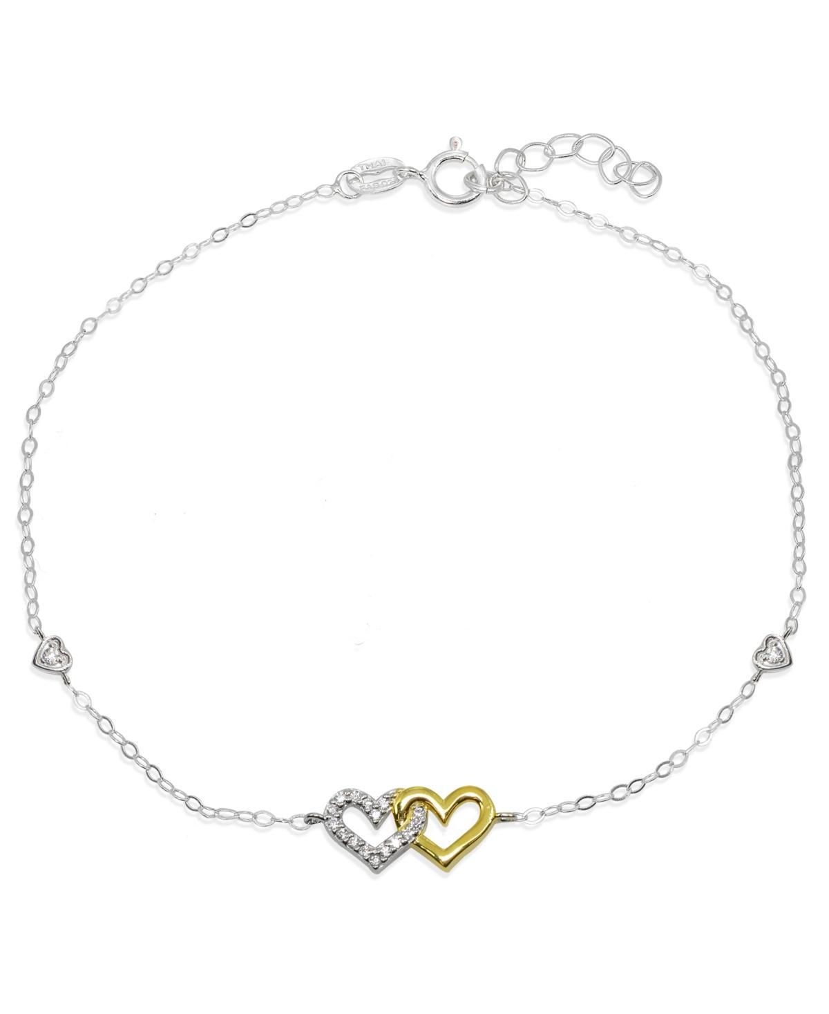 Cubic Zirconia Pave Interlocking Hearts Ankle Bracelet in Sterling Silver or Two Tone Sterling Silver & 18K Gold-Plated Sterling Silver Product Image