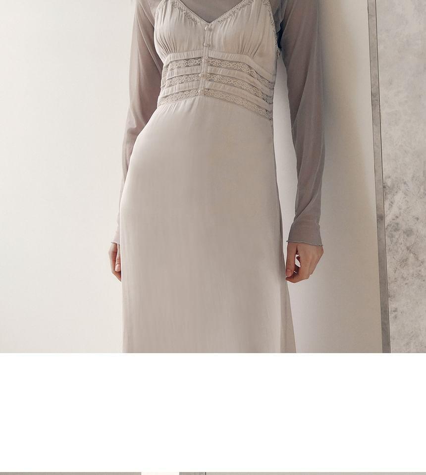 Spaghetti Strap Lace-Trim Satin Dress (Beige) Product Image