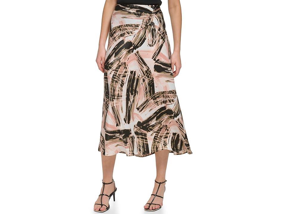 DKNY Printed Satin Ruche Maxi Skirt (Ivory/Gold Sand ) Women's Skirt Product Image