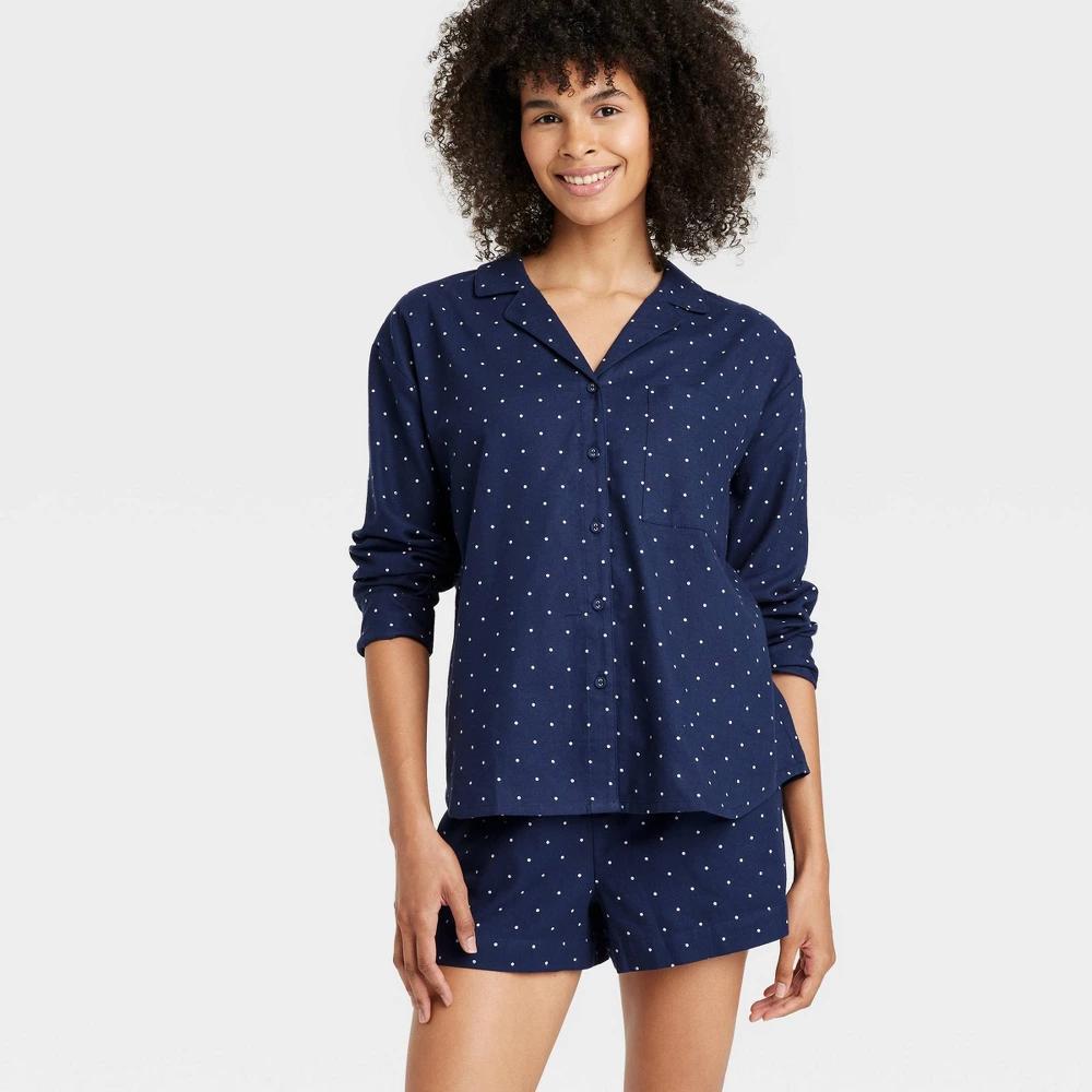 Womens Polka Dot Flannel Long Sleeve Top and Shorts Pajama Set - Auden Navy Blue Product Image