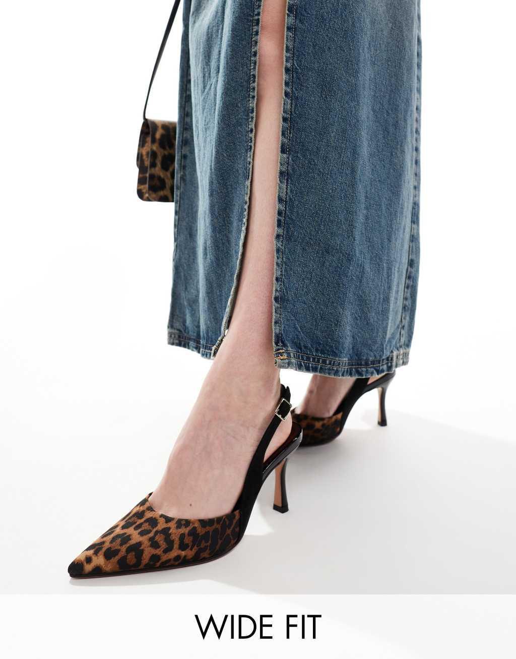 ASOS DESIGN Wide Fit Samber slingback stiletto heels in black and leopard Product Image