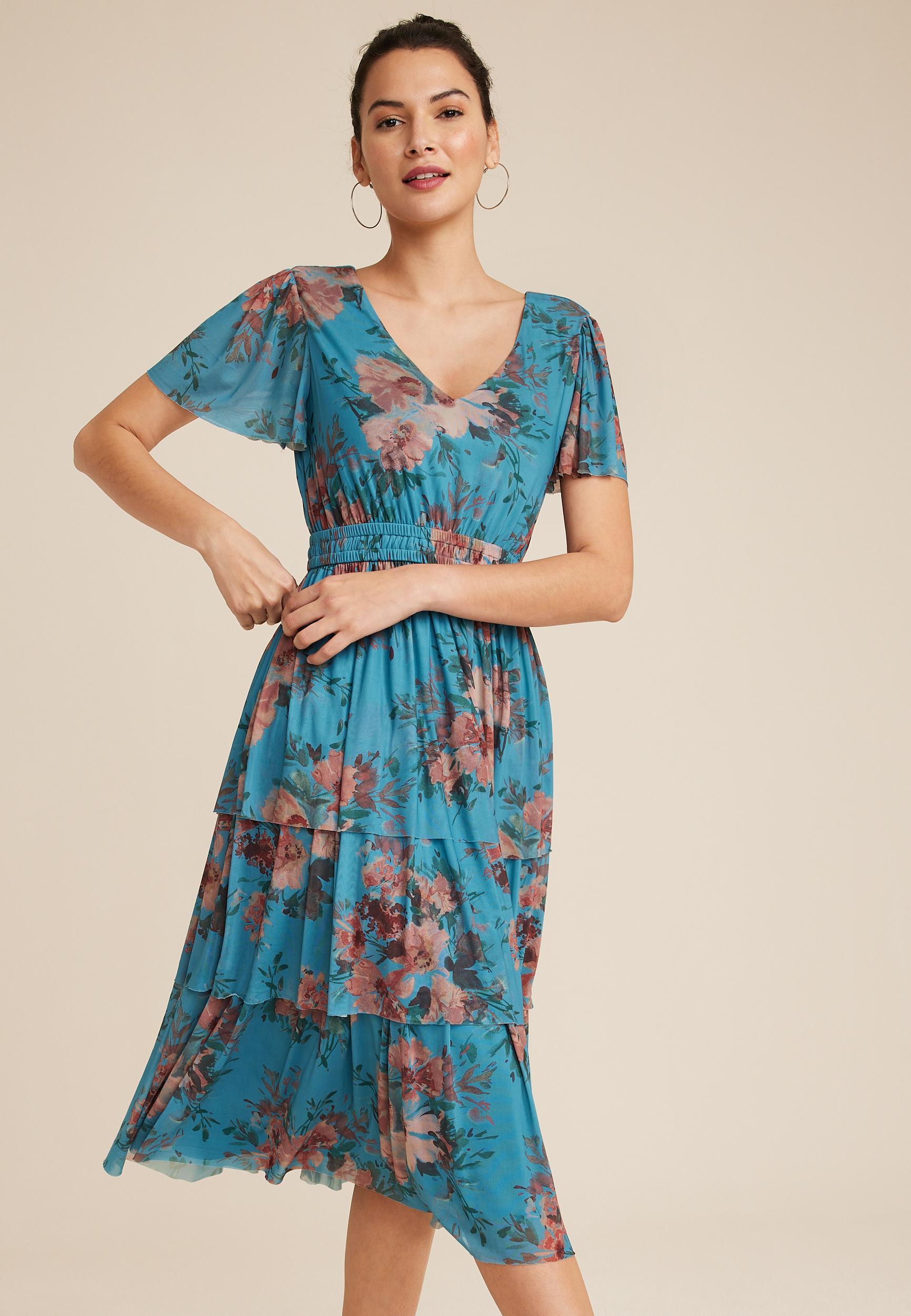 Floral Flutter Sleeve Tiered Midi Dress Product Image