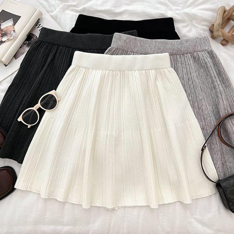 High Rise Plain Knit Mini Pleated A-Line Skirt Product Image