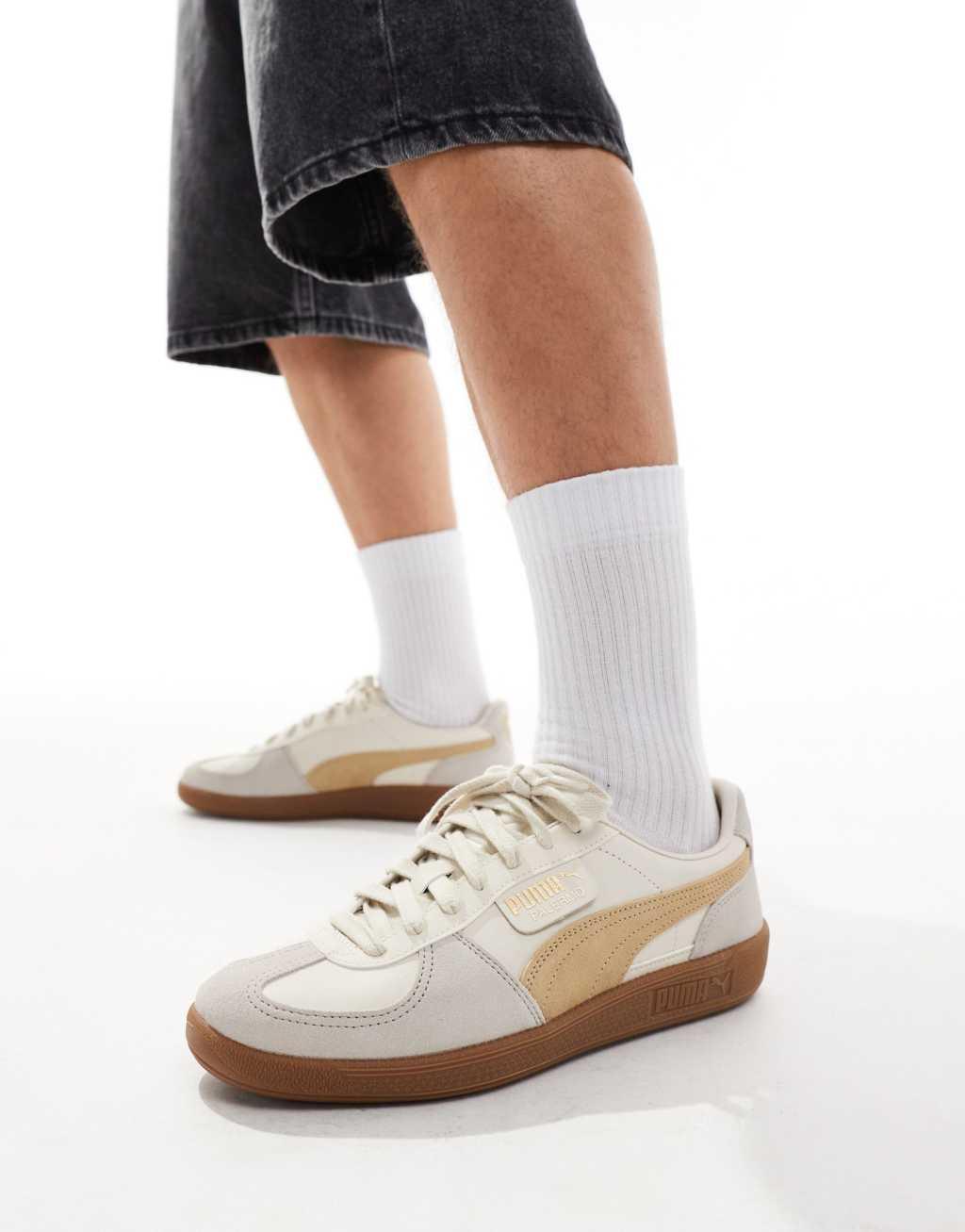 PUMA Palermo Leather sneakers with rubber sole in cream and sand Product Image