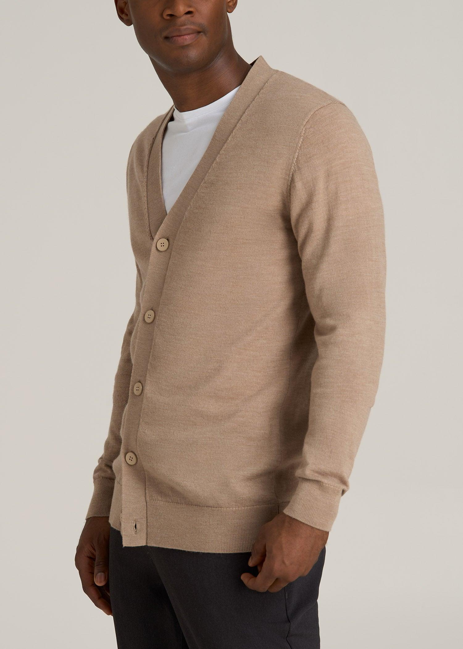 Merino Wool Cardigan Sweater for Tall Men in Oat Product Image