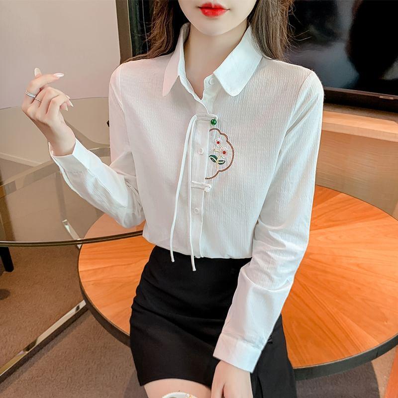 Long-Sleeve Collared Floral Embroidered Button-Up Blouse Product Image