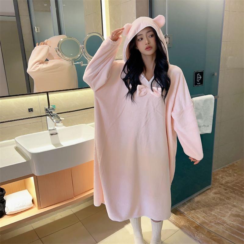 Long-Sleeve Bow Accent Hooded Fleece Midi Pajama Dress Product Image