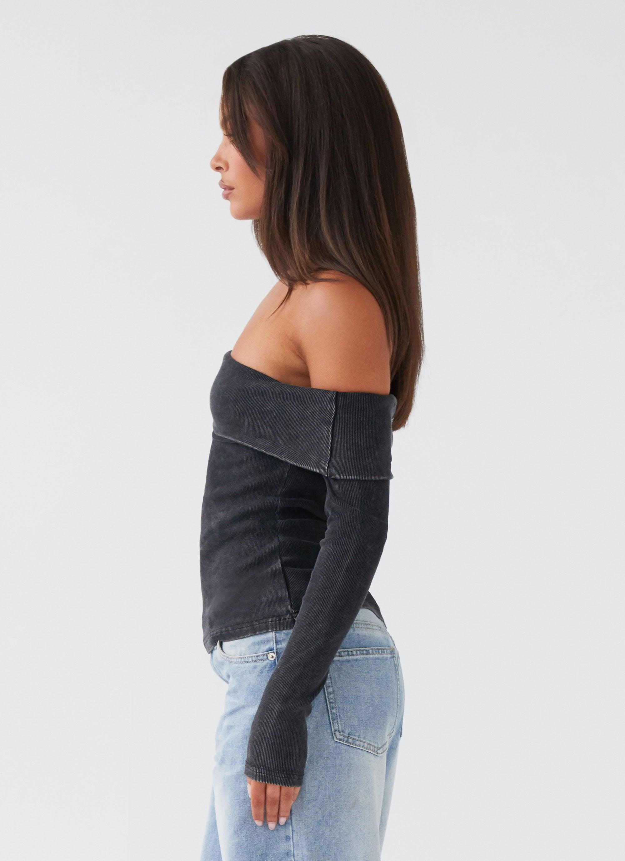 Hayley Long Sleeve Ribbed Top - Charcoal Acid Wash Product Image