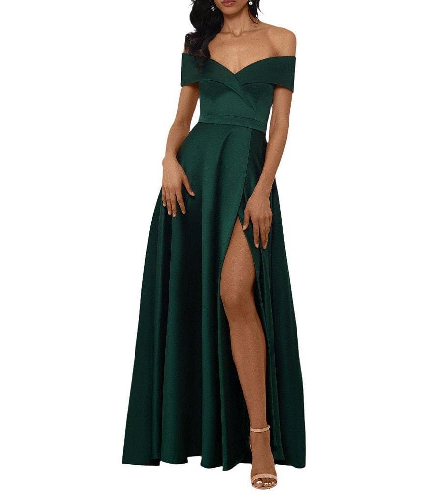 Xscape Petite Size Sweetheart Off-The-Shoulder Short Sleeve Satin Gown Product Image