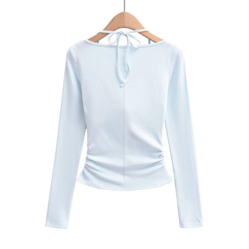 Long Sleeve Halter Plain Mock Two Piece Ruched Padded T-Shirt Product Image