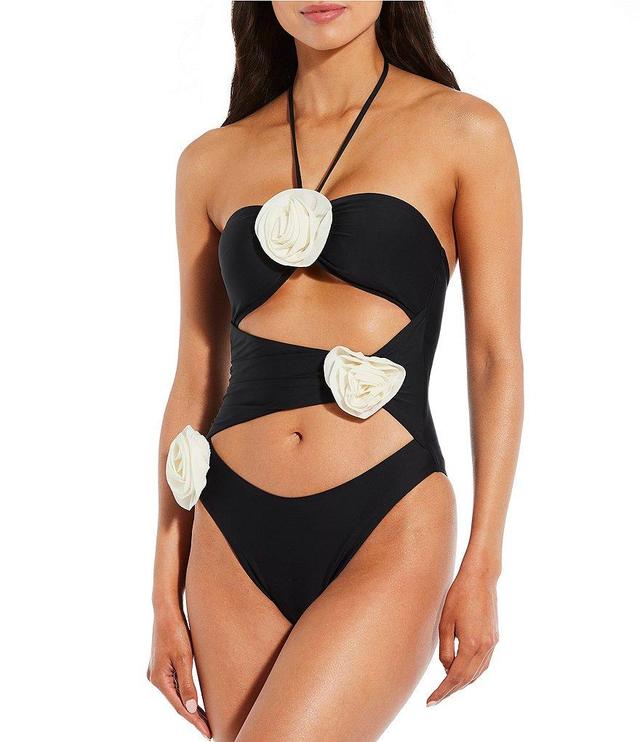 Gianni Bini Solid Rosette Asymmetrical Ruched Cut-Out One Piece Swimsuit Product Image